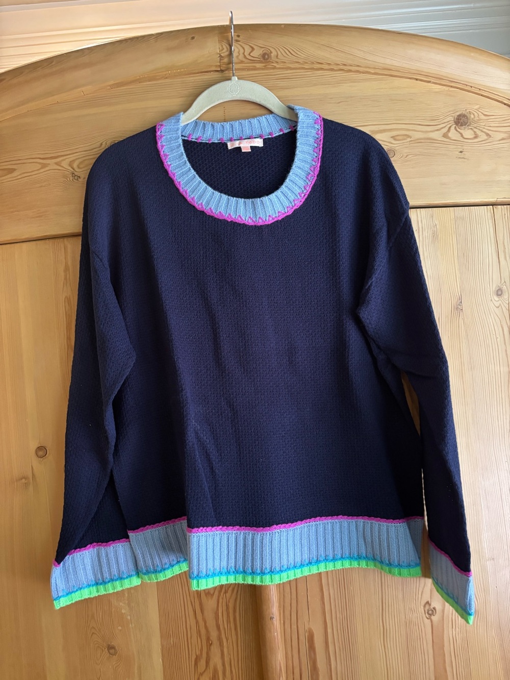 Lisa Todd Navy Crewneck Sweater with Blue, Pink & Neon Green Trim